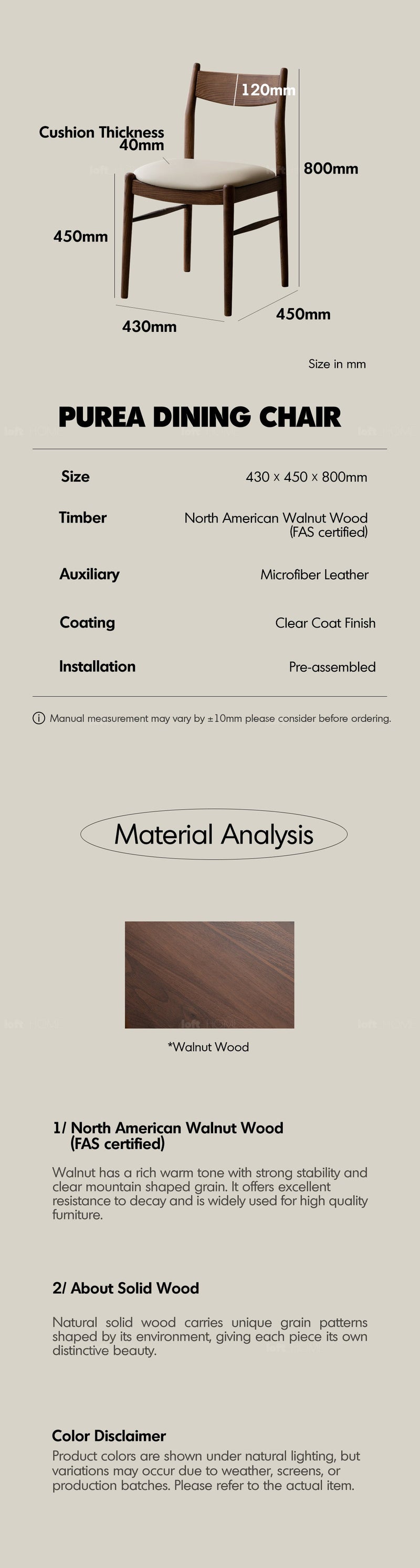Japandi Walnut Wood Dining Chair PUREA More Details and Instruction_6