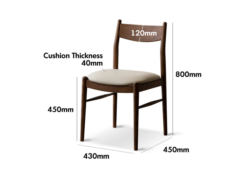 Japandi Walnut Wood Dining Chair PUREA Size Chart