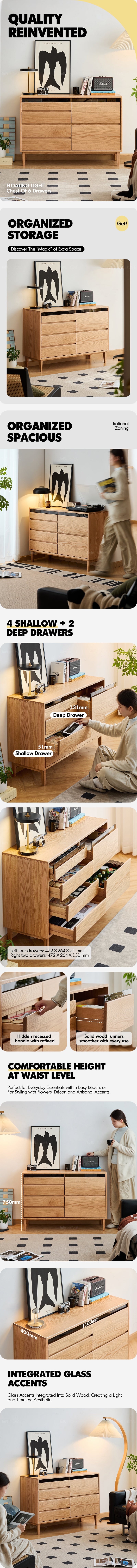 Scandinavian Oak Wood Chest Of 6 Drawers FLOATING LIGHT More Details and Instruction