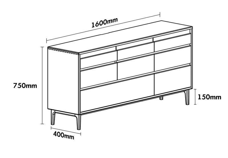 Scandinavian Oak Wood Chest Of 8 Drawers FLOATING LIGHT Size Chart