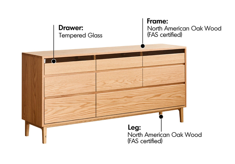 Scandinavian Oak Wood Chest Of 8 Drawers FLOATING LIGHT Material Details Chart