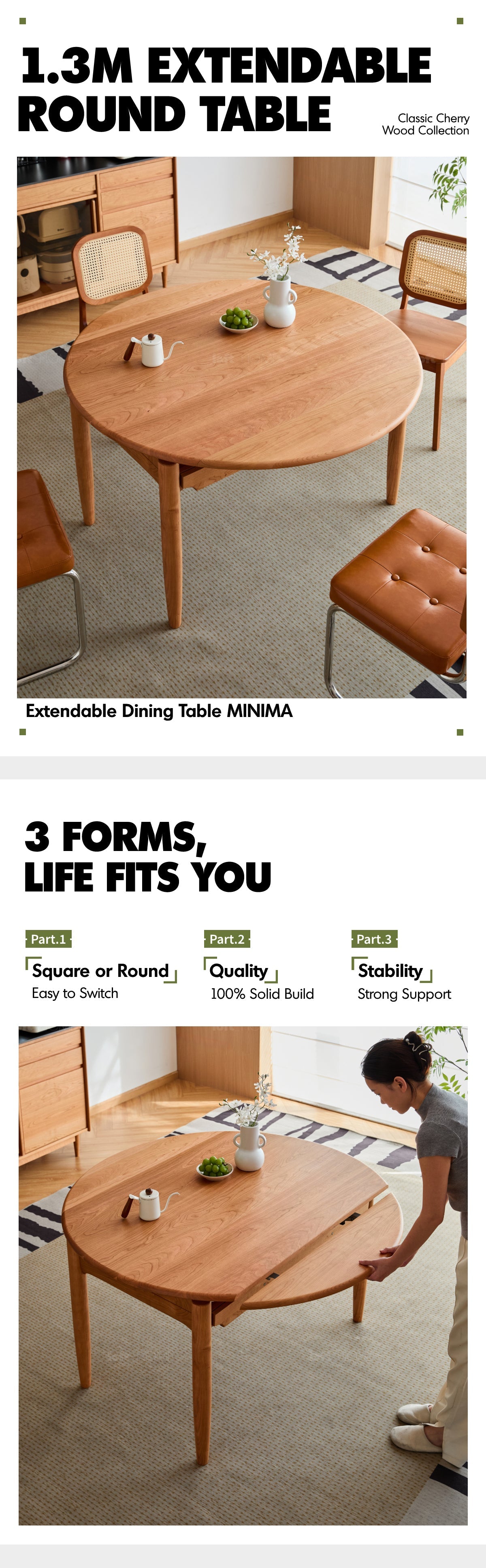 Scandinavian Cherry Wood Extendable Dining Table MINIMA More Details and Instruction
