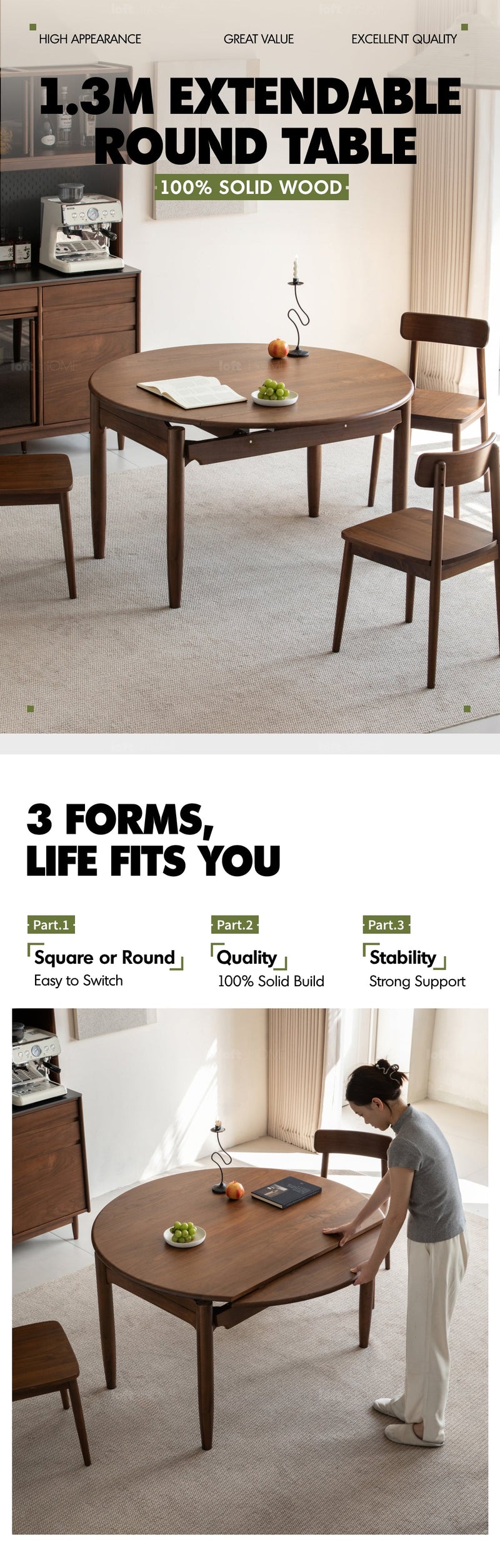 Japandi Walnut Wood Extendable Dining Table MINIMA More Details and Instruction