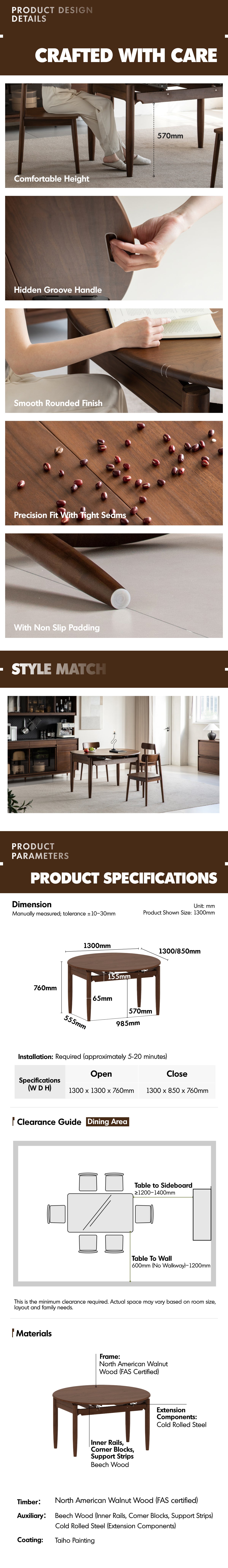 Japandi Walnut Wood Extendable Dining Table MINIMA More Details and Instruction_8