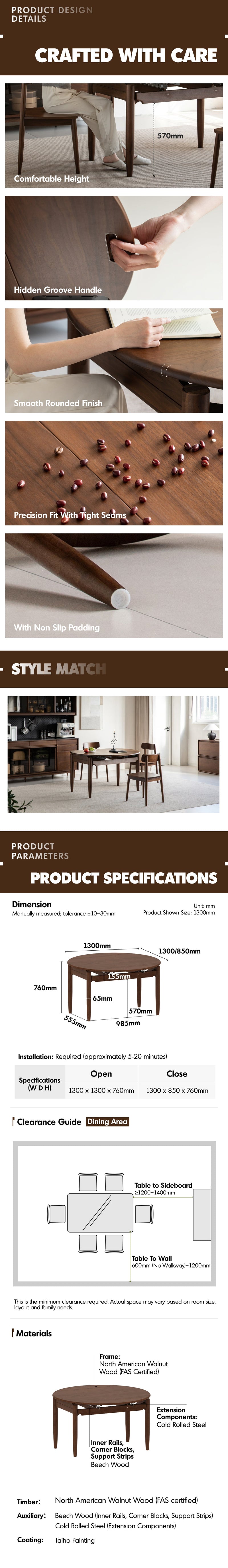 Japandi Walnut Wood Extendable Dining Table MINIMA More Details and Instruction_8