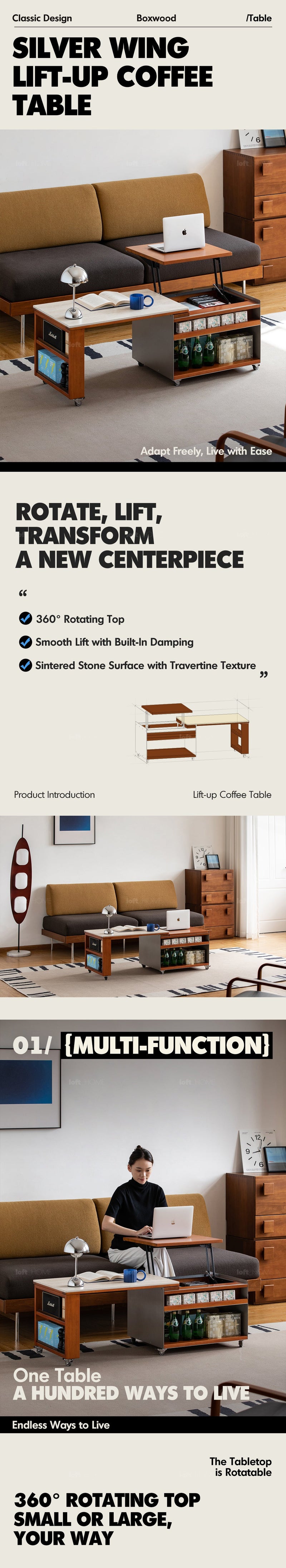Bauhaus Boxwood Sintered Stone Lift-Up Coffee Table SILVER WING More Details and Instruction