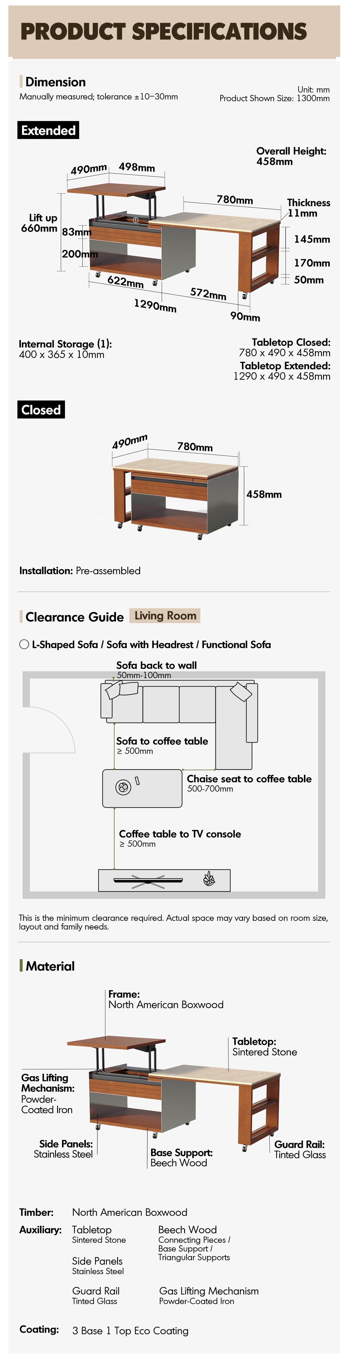 Bauhaus Boxwood Sintered Stone Lift-Up Coffee Table SILVER WING More Details and Instruction_11