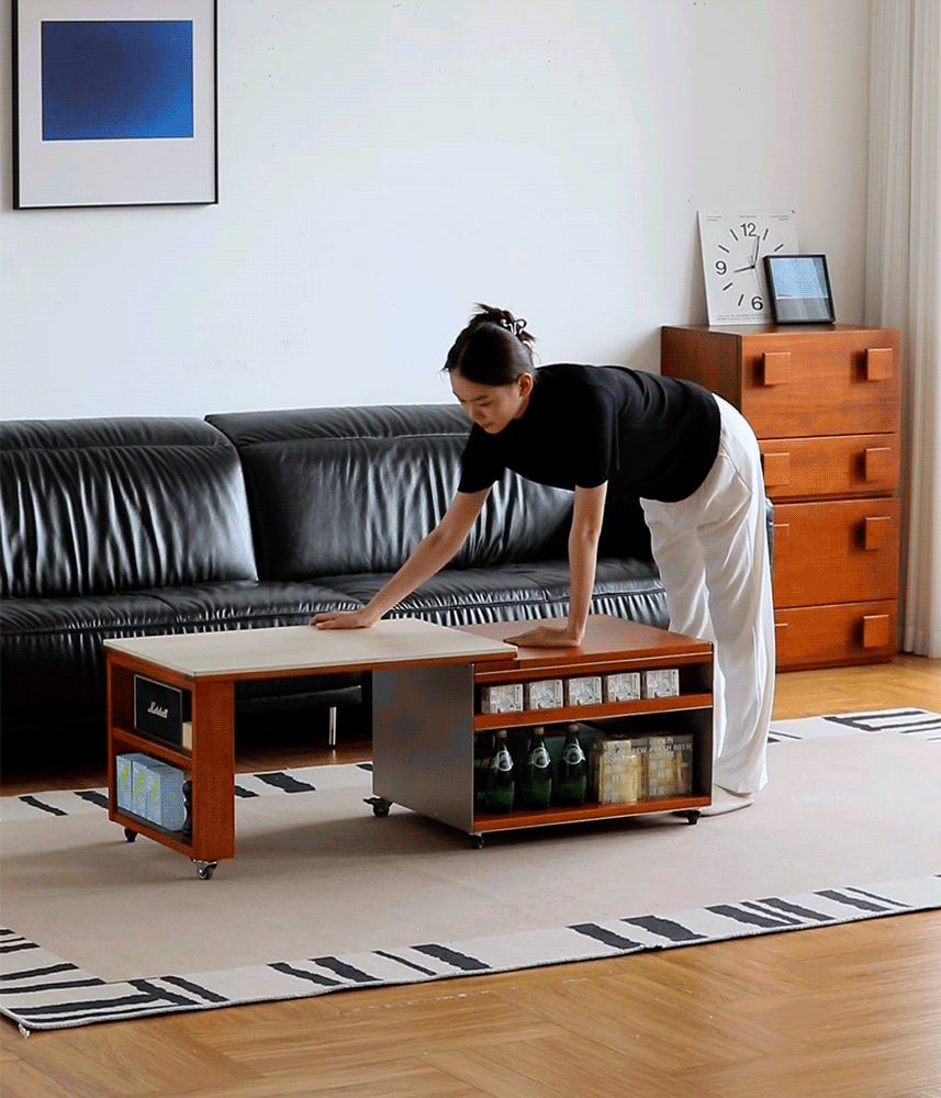 Bauhaus boxwood sintered stone lift-up coffee table silver wing material variants.