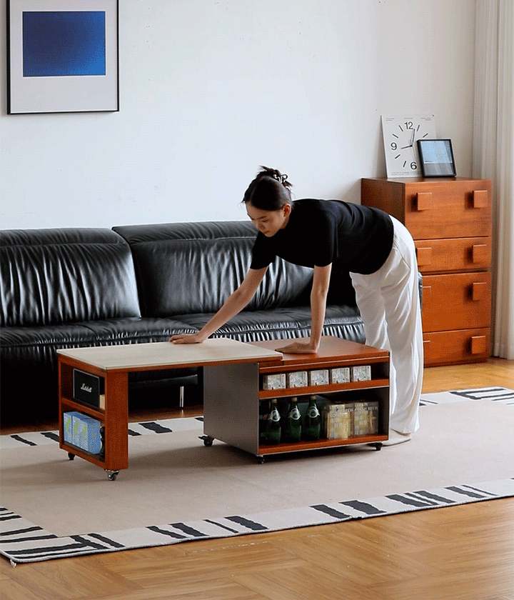 Bauhaus boxwood sintered stone lift-up coffee table silver wing material variants.