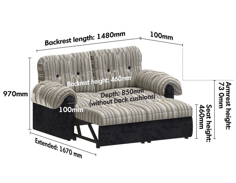 Bauhaus Chenille Velvet Fabric 2 Seater Sofa Bed ZIRU Size Chart