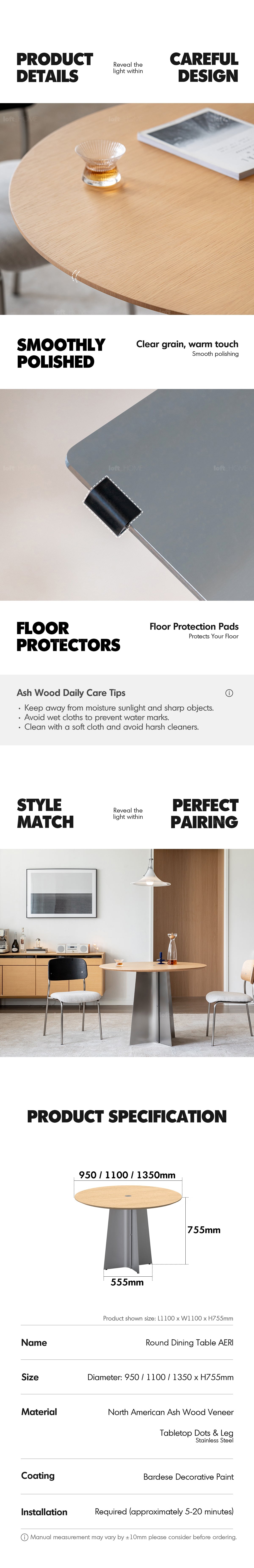 Bauhaus Ash Wood Veneer Stainless Steel Round Dining Table AERI More Details and Instruction_3
