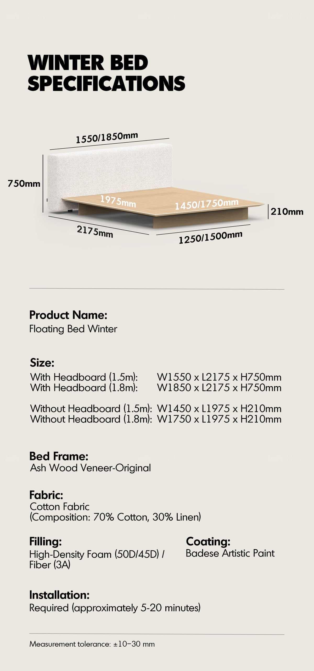 Minimalist Ash Wood Veneer Platform Floating Bed WINTER More Details and Instruction_7