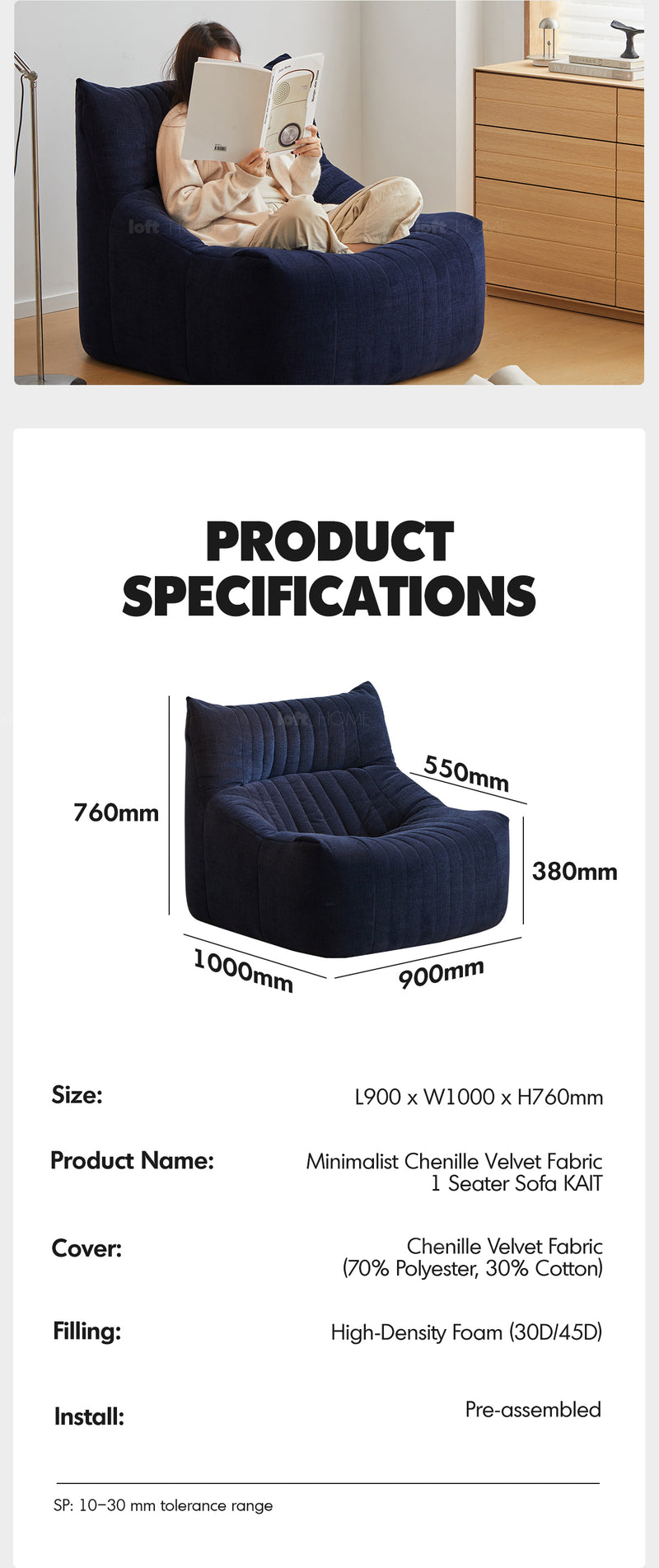 Cream Chenille Velvet Fabric 1 Seater Sofa KAIT More Details and Instruction_7