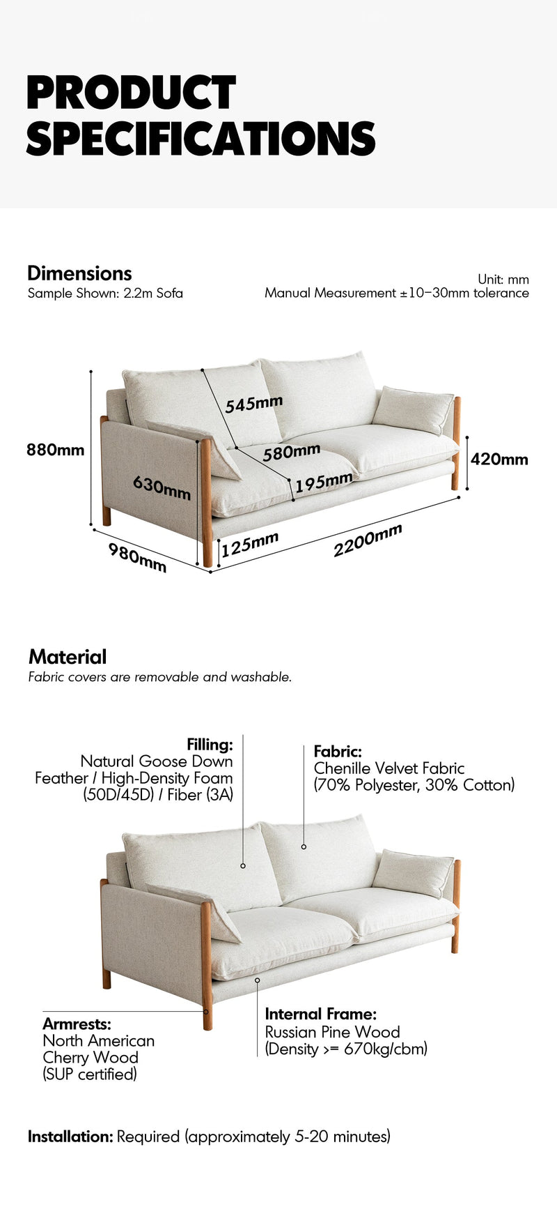 Scandinavian Chenille Velvet Fabric Cherry Wood 3 Seater Sofa SEA SALT More Details and Instruction_7