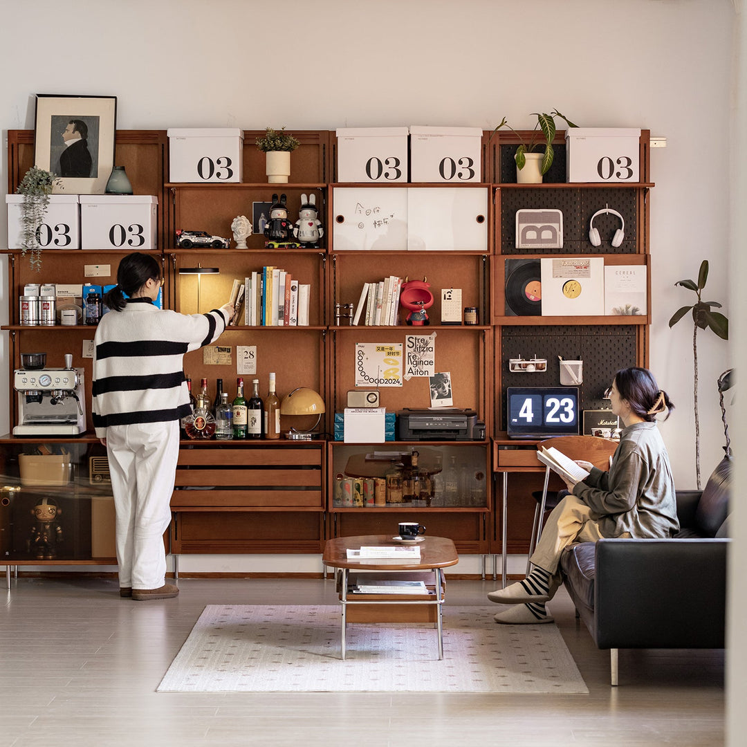 Vintage boxwood modular hanging wall shelf system muse in close up details.