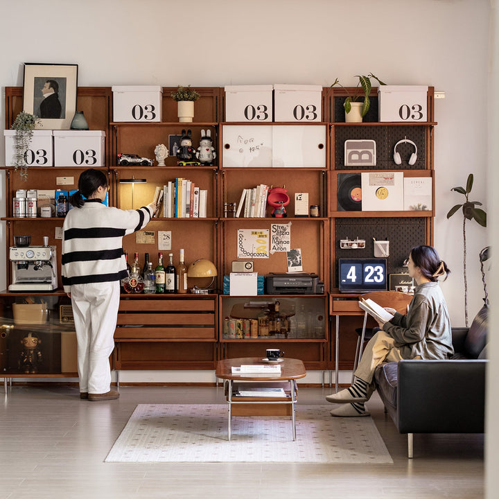 Vintage boxwood modular hanging wall shelf system muse in close up details.