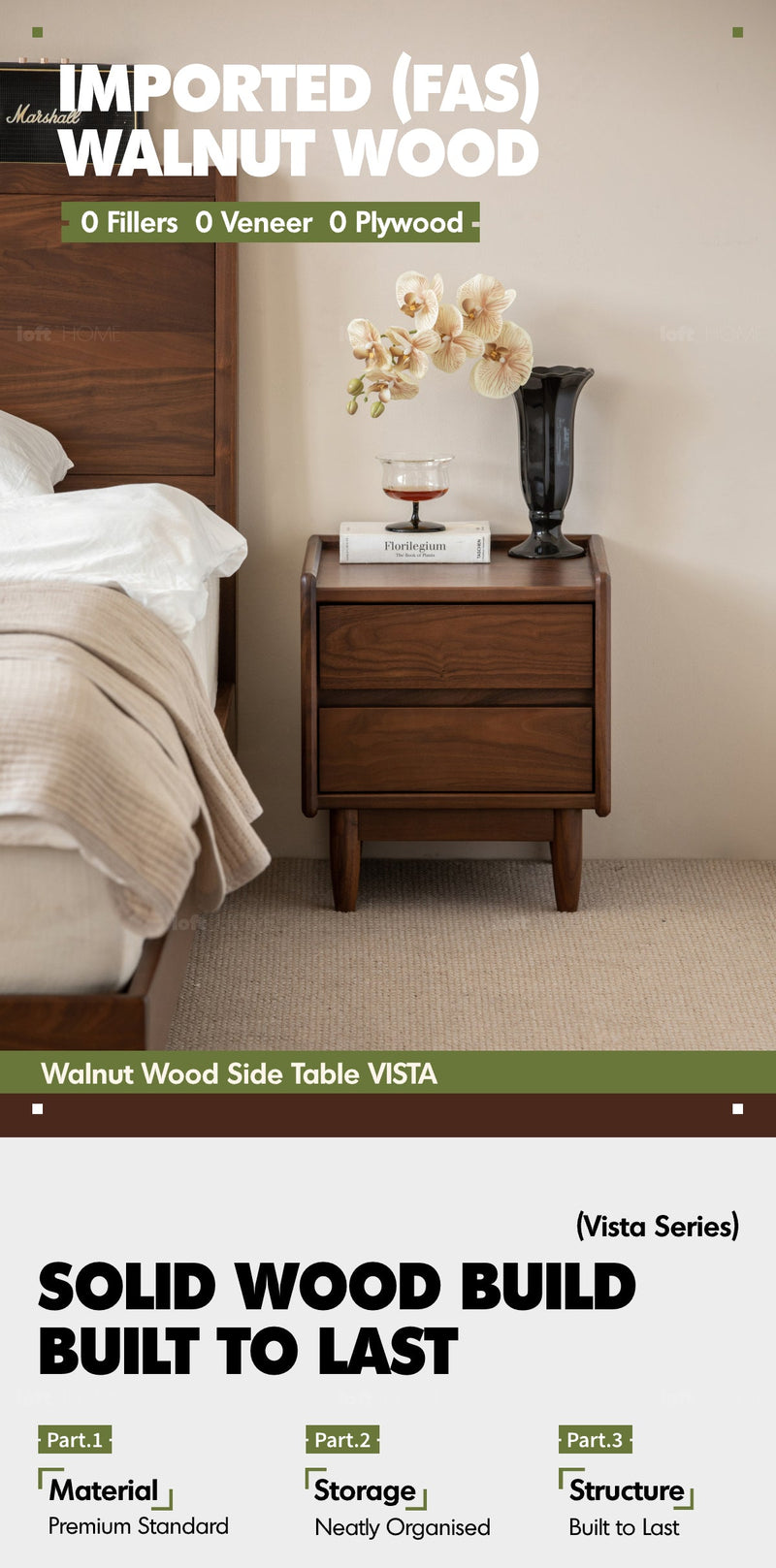 Japandi Walnut Wood Side Table VISTA More Details and Instruction