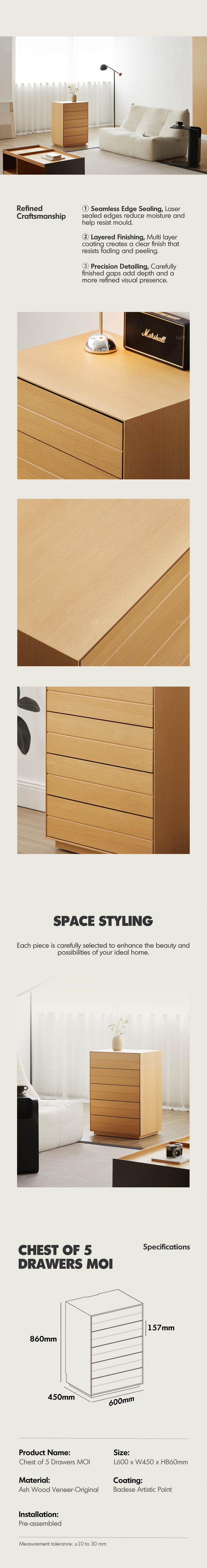 Minimalist Ash Wood Veneer Chest Of 5 Drawers MOI More Details and Instruction_5