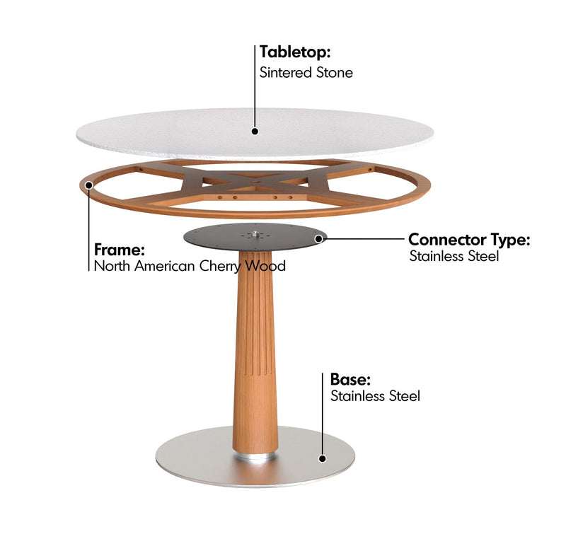 Scandinavian Cherry Wood Sintered Stone Round Dining Table GREY Material Details Chart