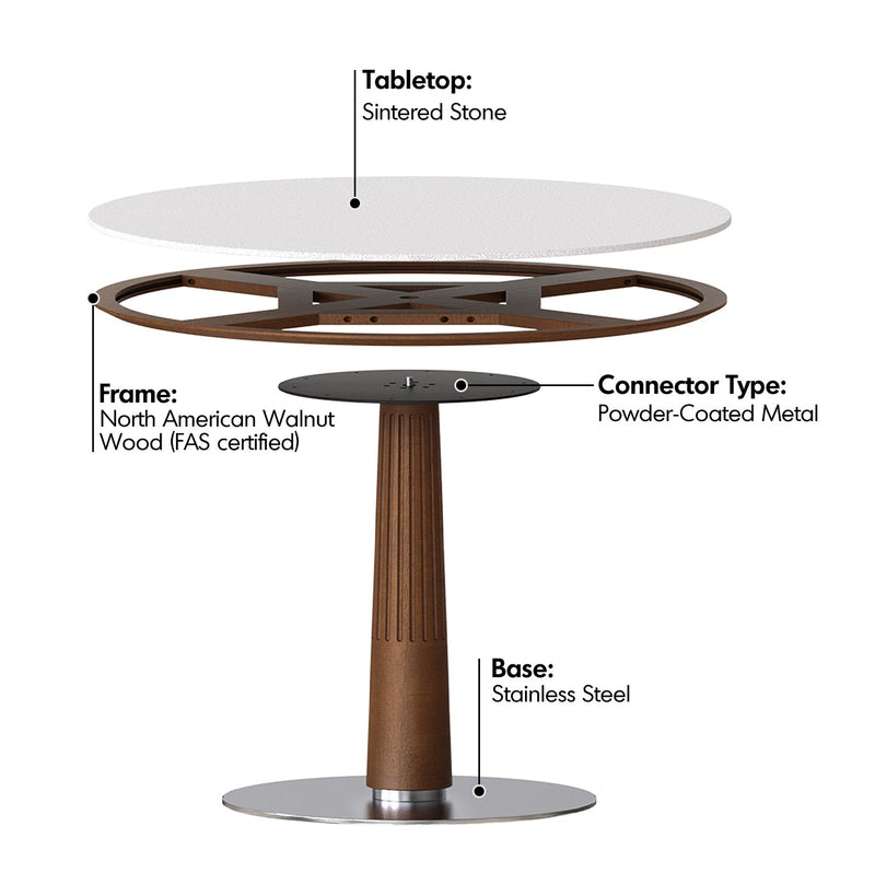 Japandi Walnut Wood Sintered Stone Round Dining Table GREY Material Details Chart