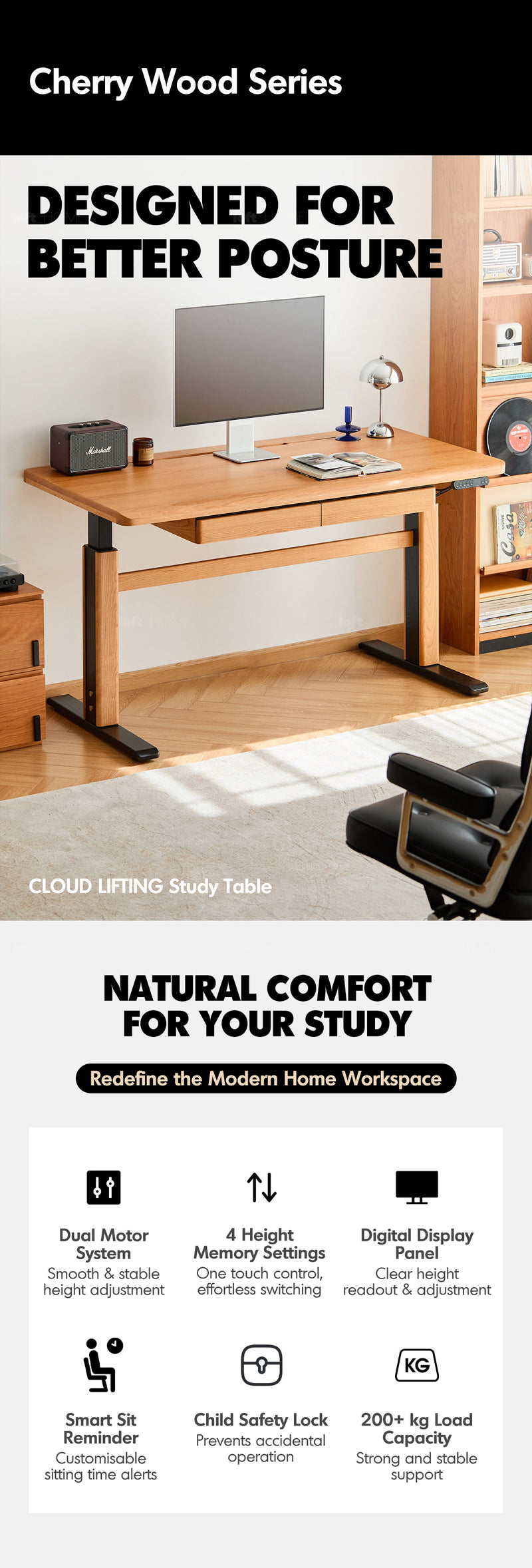Scandinavian Cherry Wood Electric Height Adjustable Study Table CLOUD LIFTING More Details and Instruction