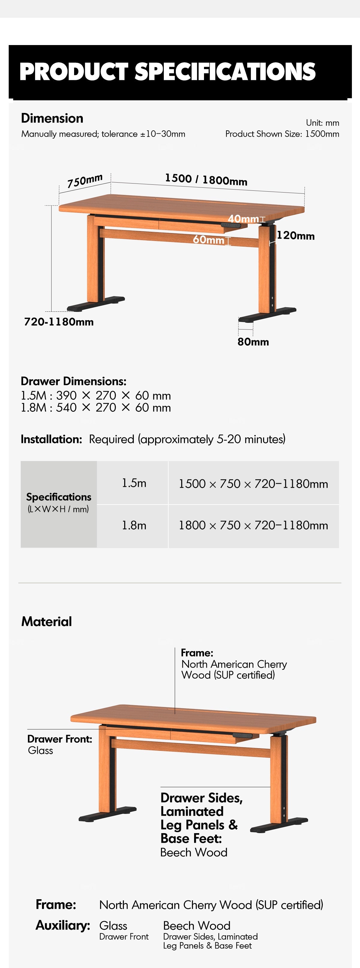 Scandinavian Cherry Wood Electric Height Adjustable Study Table CLOUD LIFTING More Details and Instruction_18