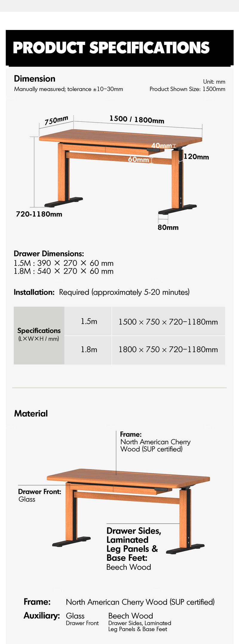 Scandinavian Cherry Wood Electric Height Adjustable Study Table CLOUD LIFTING More Details and Instruction_18