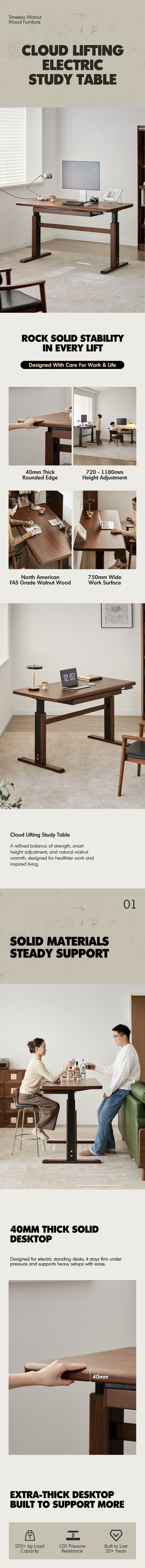 Japandi Walnut Wood Electric Height Adjustable Study Table CLOUD LIFTING More Details and Instruction