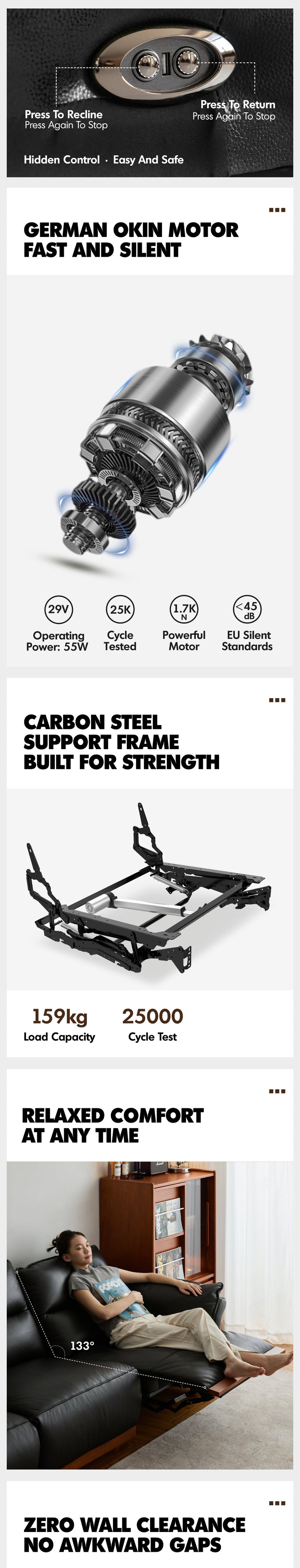 Vintage Boxwood Genuine Leather Electric Recliner 3 Seater Sofa EDGELESS More Details and Instruction_3