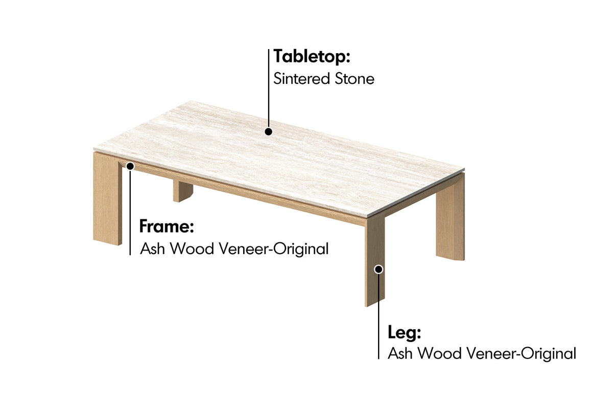 Minimalist Ash Wood Veneer Sintered Stone Coffee Table STRING Material Details Chart