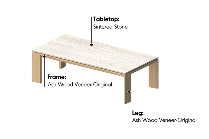 Minimalist Ash Wood Veneer Sintered Stone Coffee Table STRING Material Details Chart