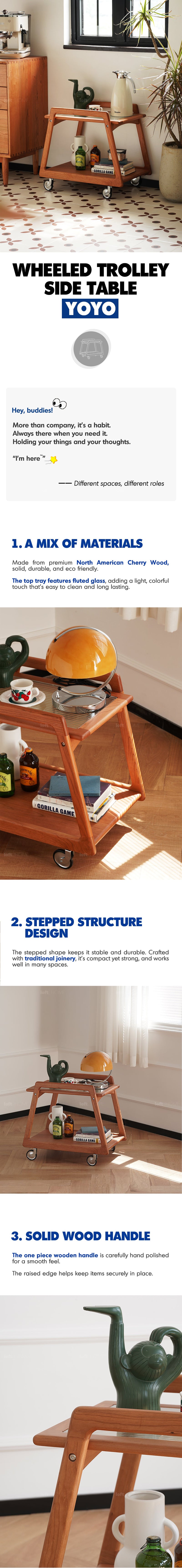 Scandinavian Cherry Wood Wheeled Trolley Side Table YOYO More Details and Instruction
