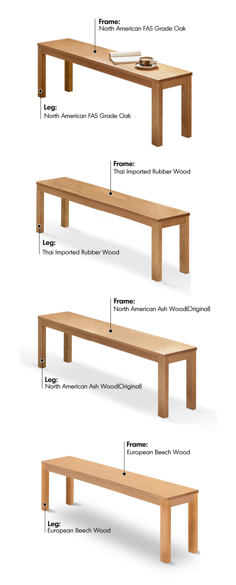 Scandinavian Wood Dining Bench BRICO Material Details Chart