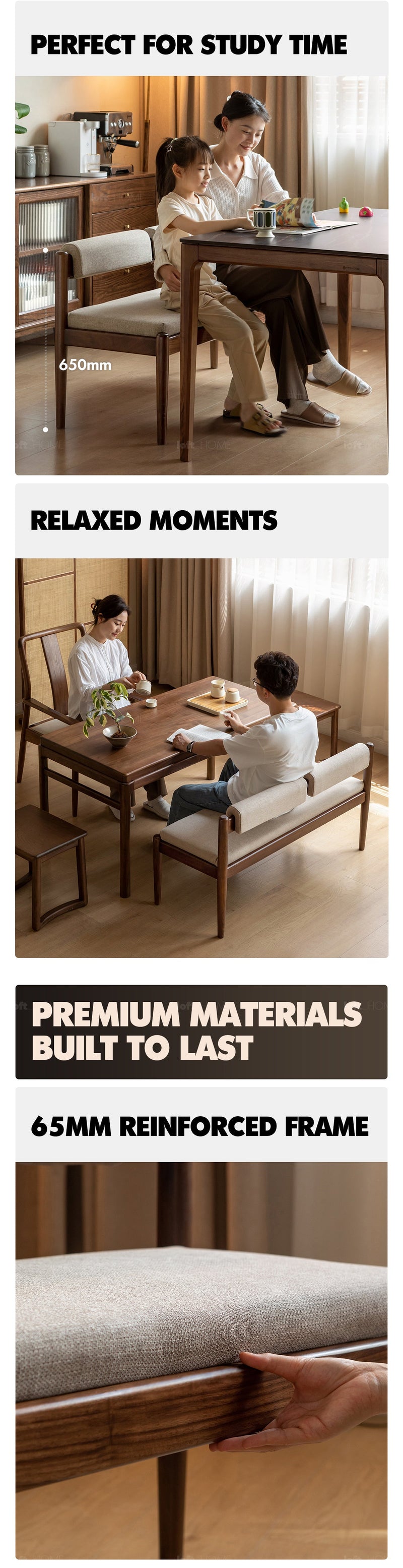 Japandi Oak Wood Mixed Weave Fabric Dining Bench PILLAR WALNUT More Details and Instruction_4