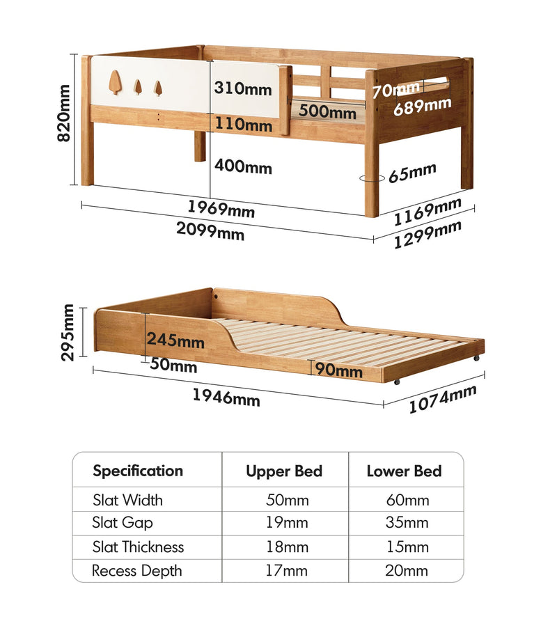 dimension detail diagram of Scandinavian Rubber Wood Kids Bunk Bed VIREO