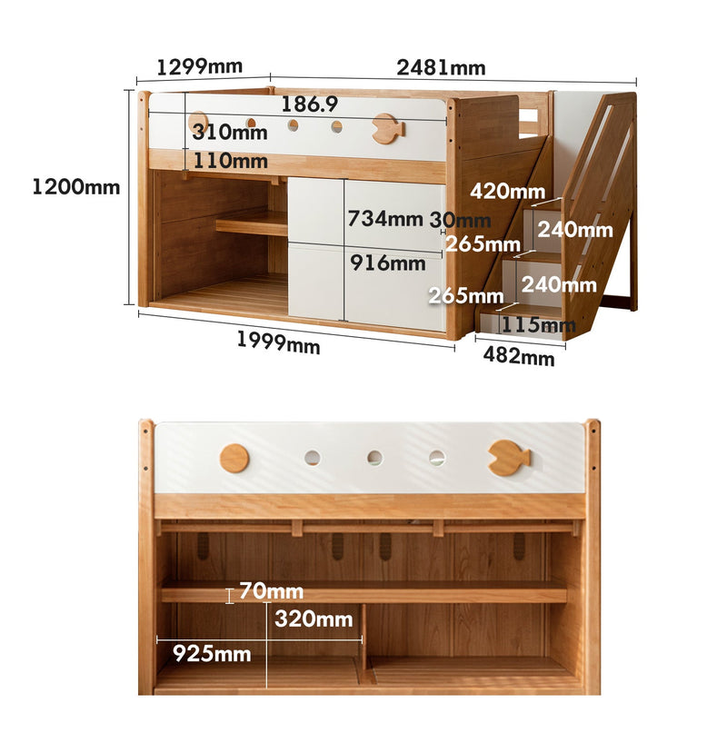 dimension detail diagram of Scandinavian Rubber Wood Kids Storage Bed LUNOR