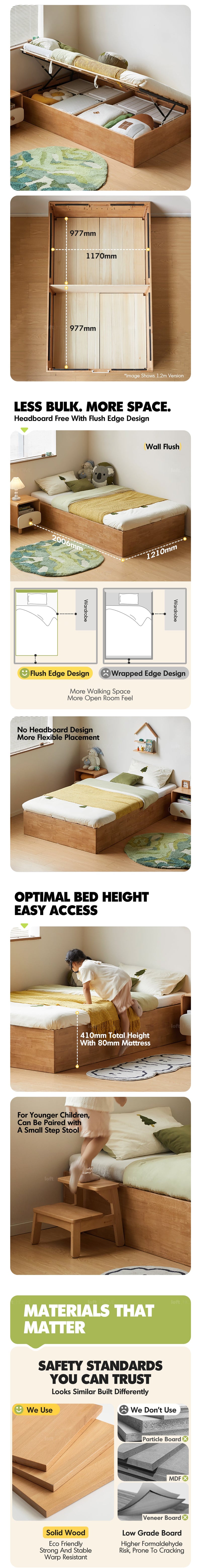 more product details and feature of Scandinavian Rubber Wood Kids Storage Bed MIREO