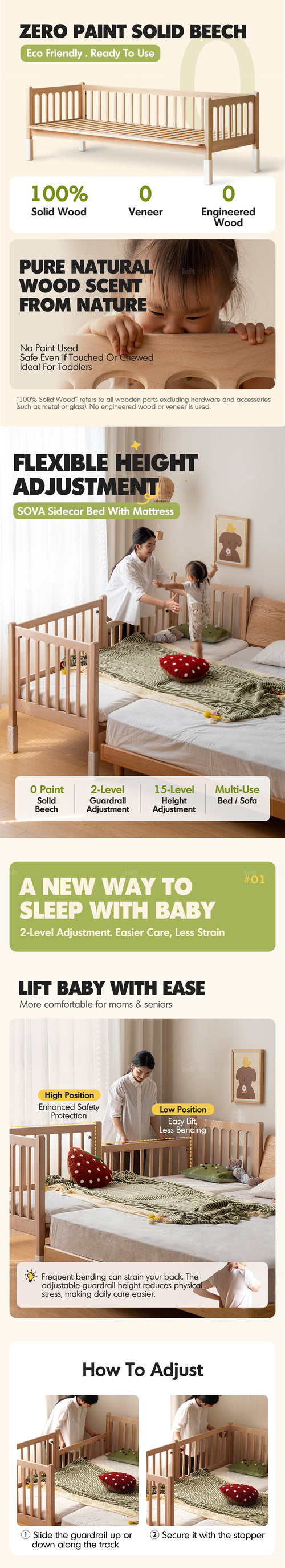Scandinavian Beech Wood Height Adjustable Kids Sidecar Bed With Mattress Set SOVA Good to Know Preview-1