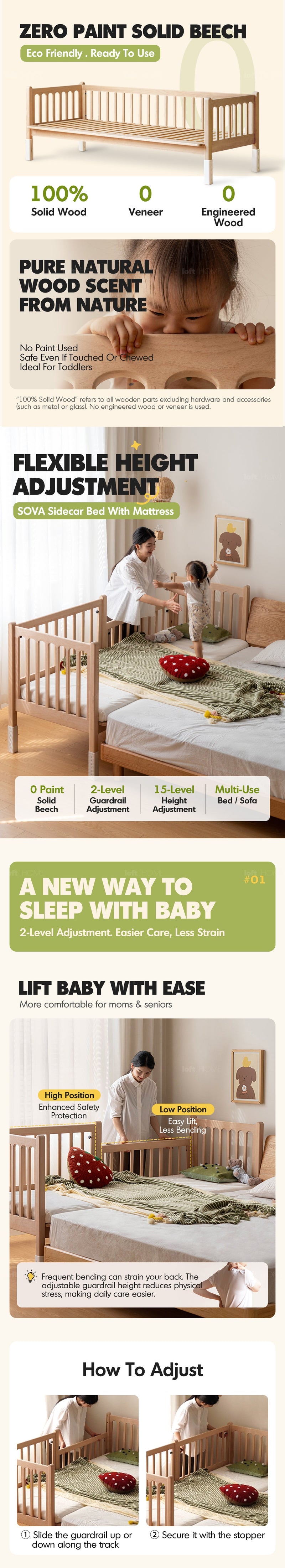 Scandinavian Beech Wood Height Adjustable Kids Sidecar Bed With Mattress Set SOVA More Details and Instruction