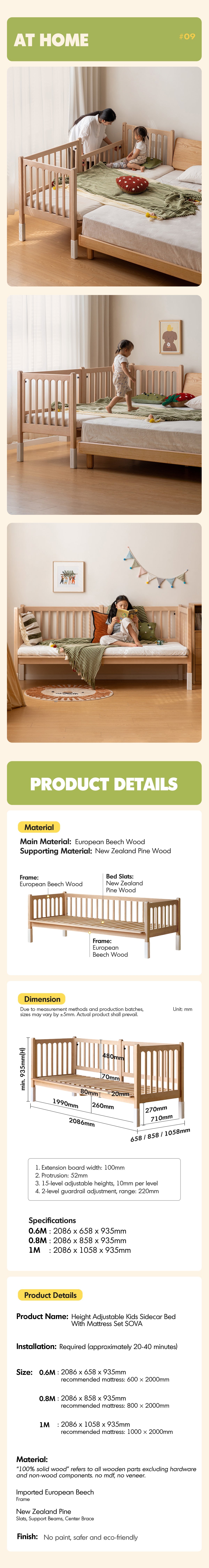 Scandinavian Beech Wood Height Adjustable Kids Sidecar Bed With Mattress Set SOVA More Details and Instruction_8