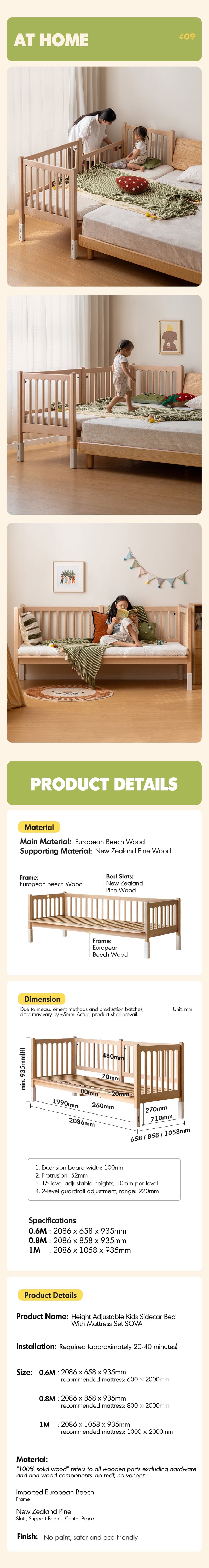 Scandinavian Beech Wood Height Adjustable Kids Sidecar Bed With Mattress Set SOVA More Details and Instruction_8