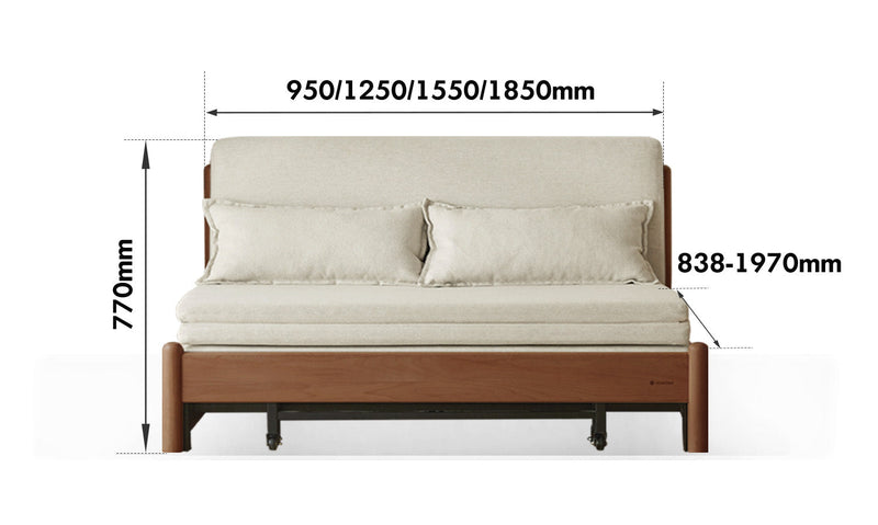 dimension detail diagram of Scandinavian Beech Wood Cotton Fabric Recliner 2 Seater Sofa Bed FLEX