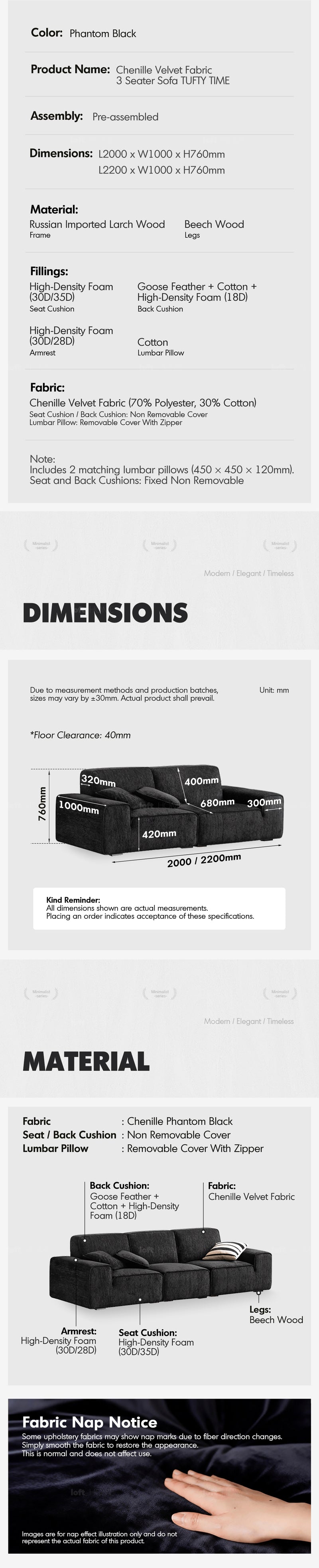 more product details and feature of Minimalist Chenille Velvet Fabric 3 Seater Sofa TUFTY TIME