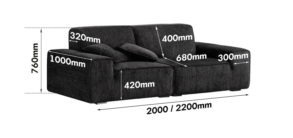 dimension detail diagram of Minimalist Chenille Velvet Fabric 3 Seater Sofa TUFTY TIME
