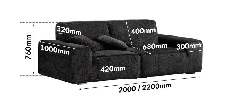 dimension detail diagram of Minimalist Chenille Velvet Fabric 3 Seater Sofa TUFTY TIME