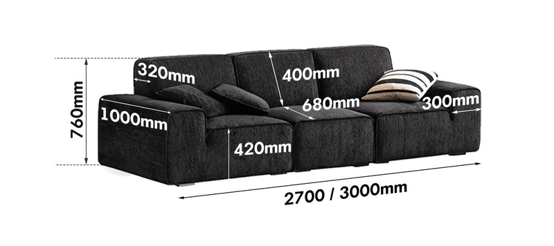 dimension detail diagram of Minimalist Chenille Velvet Fabric 4 Seater Sofa TUFTY TIME