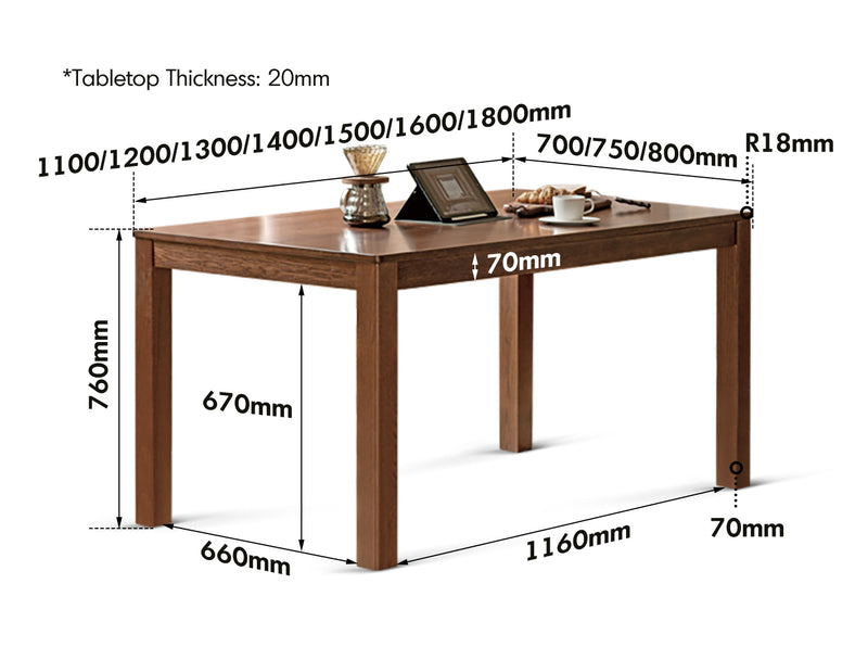 Japandi Oak Wood Dining Table WALDEN Size Chart