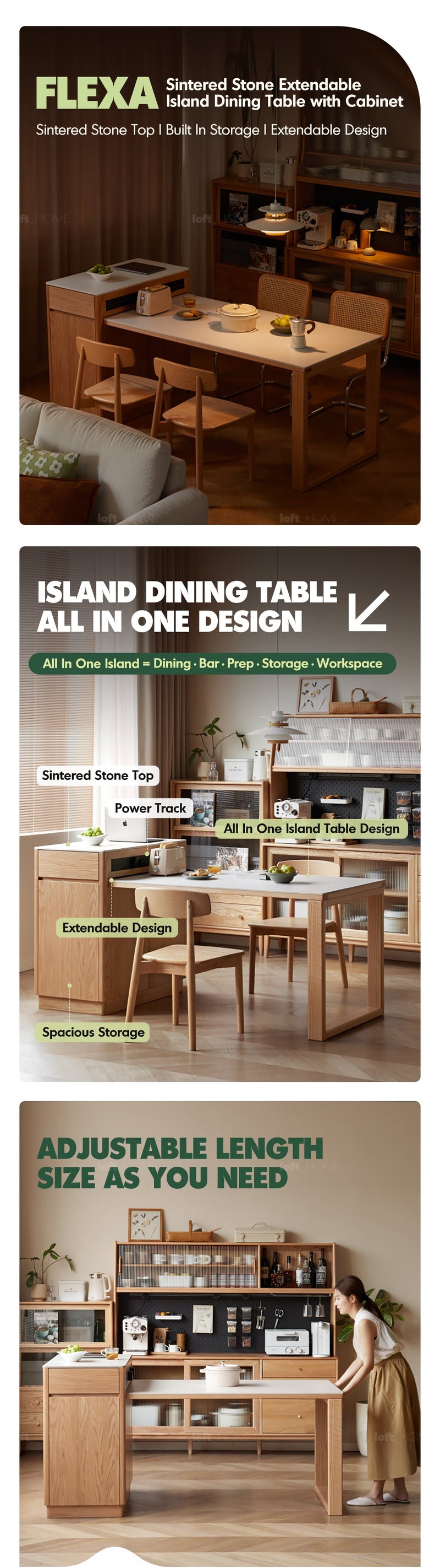 more product details and feature of Scandinavian Oak Wood Sintered Stone Extendable Island Dining Table With Cabinet FLEXA