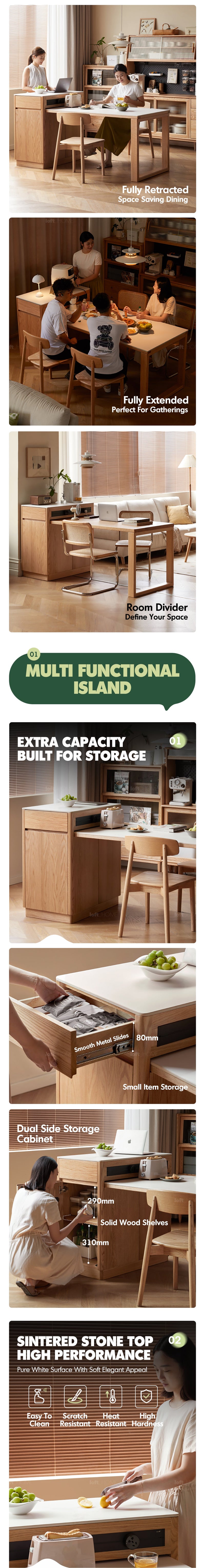 more product details and feature of Scandinavian Oak Wood Sintered Stone Extendable Island Dining Table With Cabinet FLEXA
