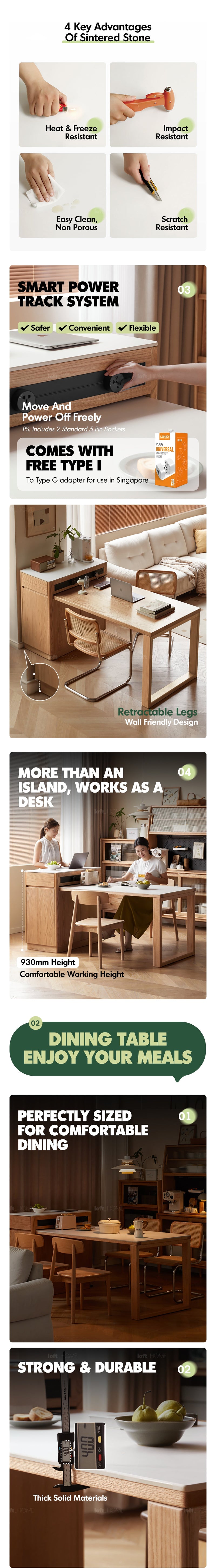 more product details and feature of Scandinavian Oak Wood Sintered Stone Extendable Island Dining Table With Cabinet FLEXA